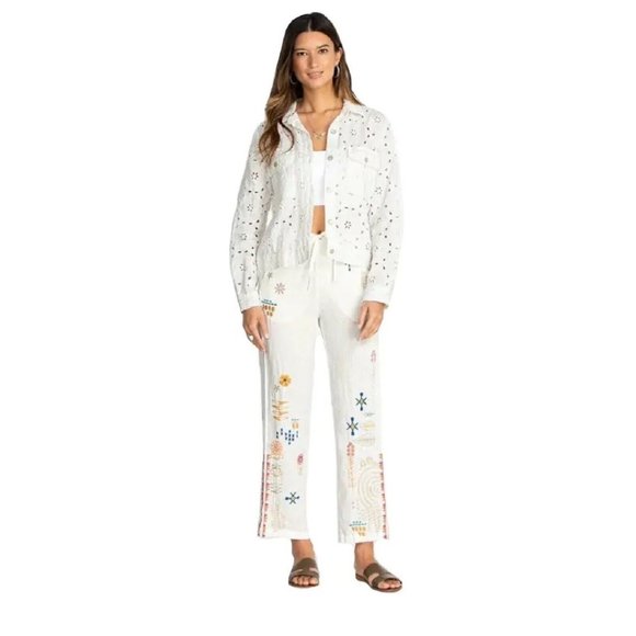 Johnny Was Pants - Johnny Was Pete & Greta Elektra Pants White Linen Embroidered Drawstring XL
